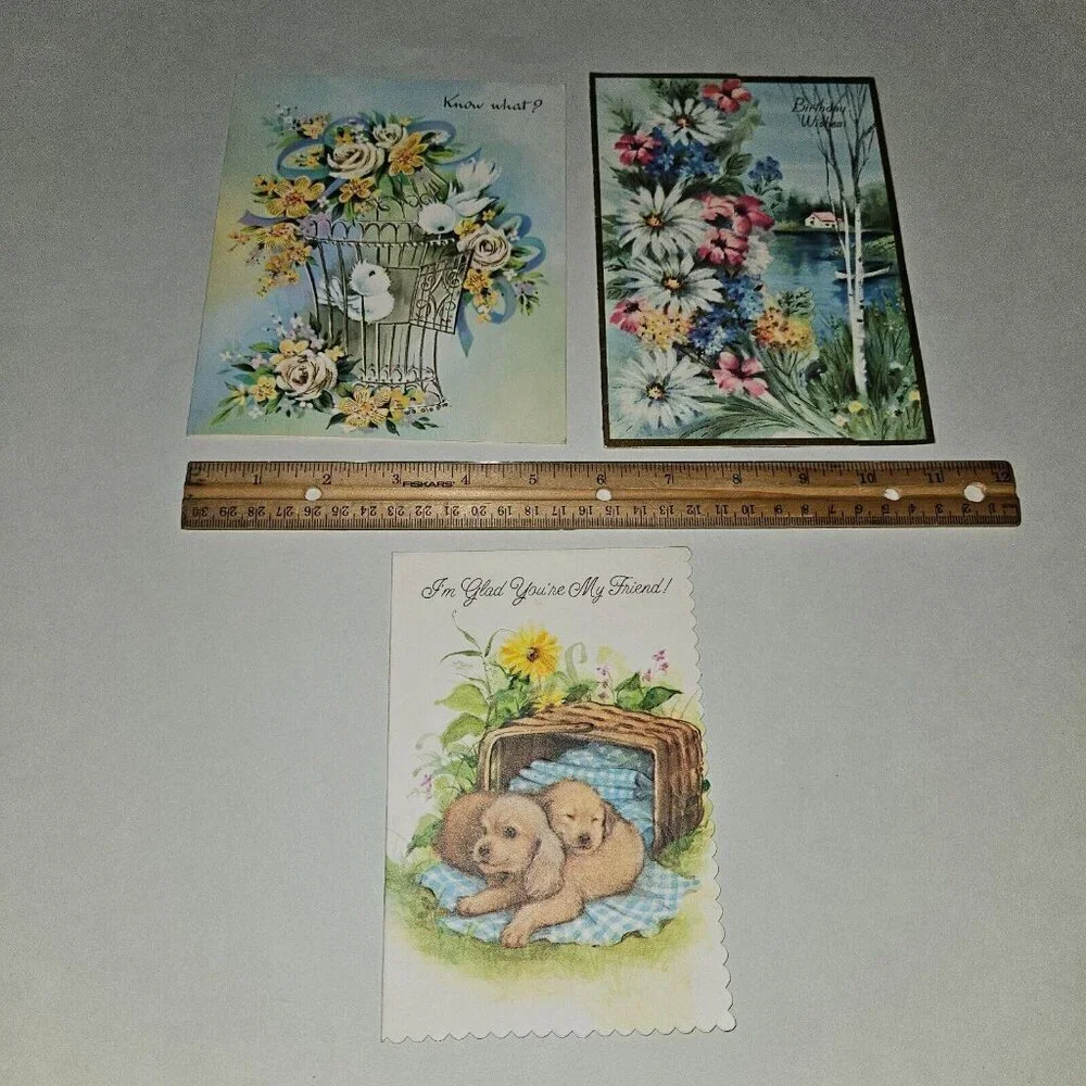 3 VTG Happy Birthday Greeting Cards Lot Floral Lake Birds Puppies NEVER USED